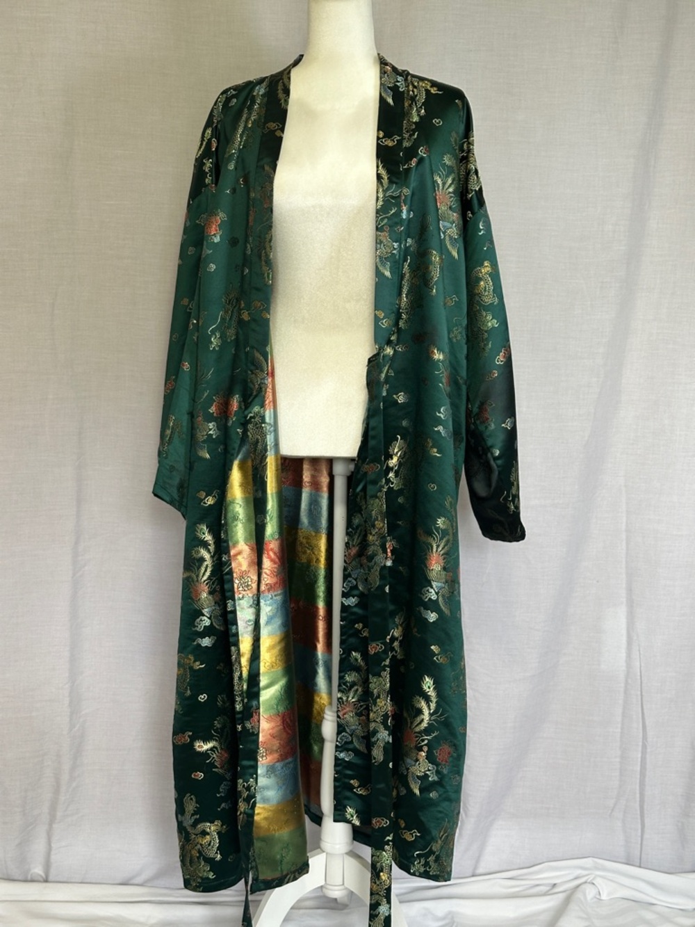Emerald Green Floral Satin Wrap Coat Kimono - Picture 2 of 13